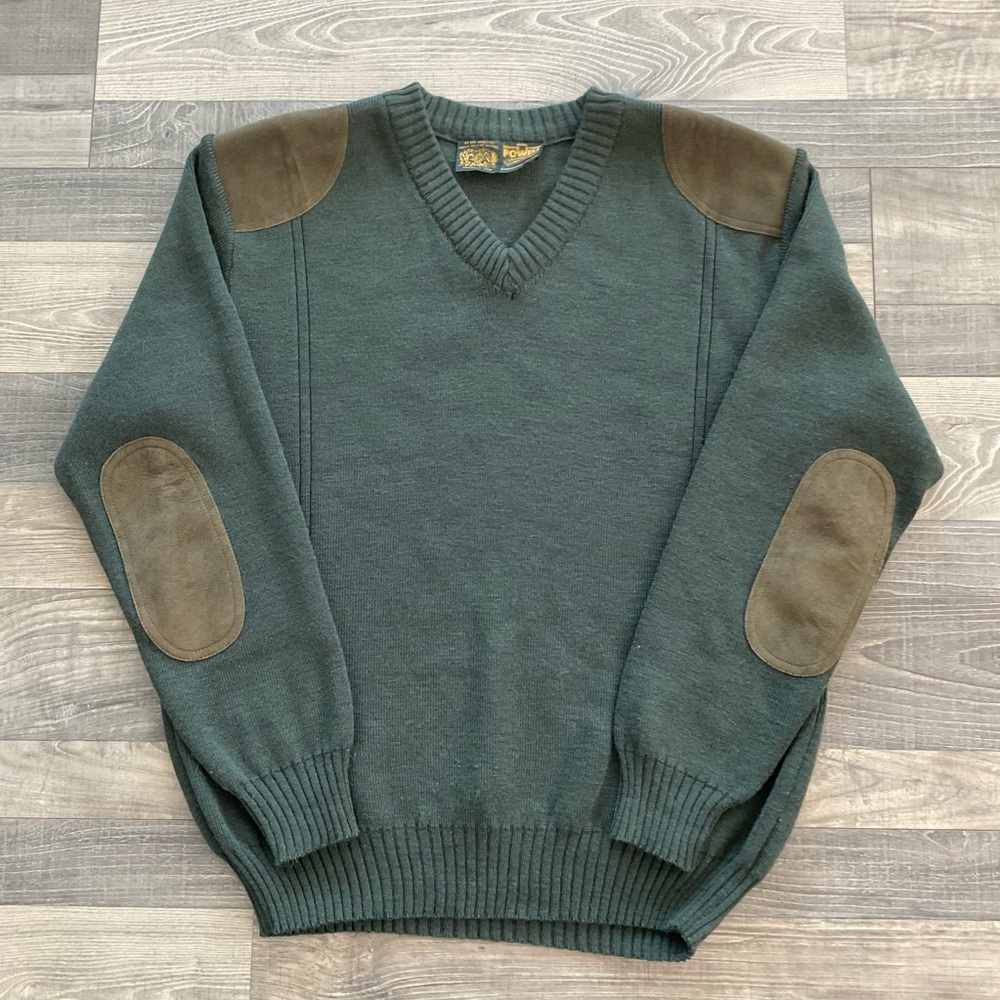 William Powell Wool Commando Sweater Men’s MEDIUM Green Suede Patches England